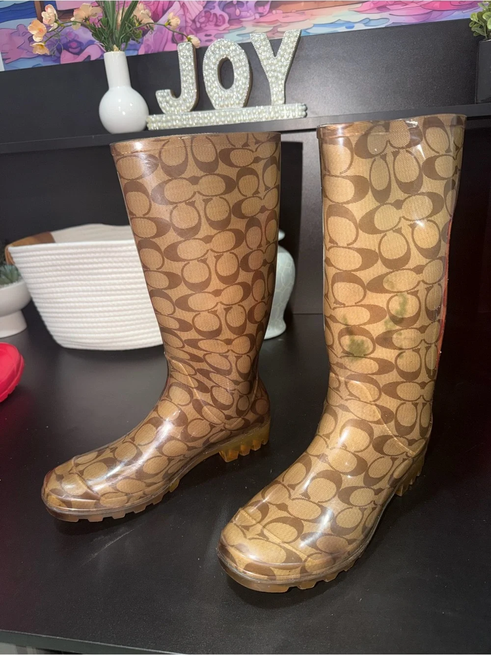 Coach Brown Signature Pattern Waterproof Tall Boots